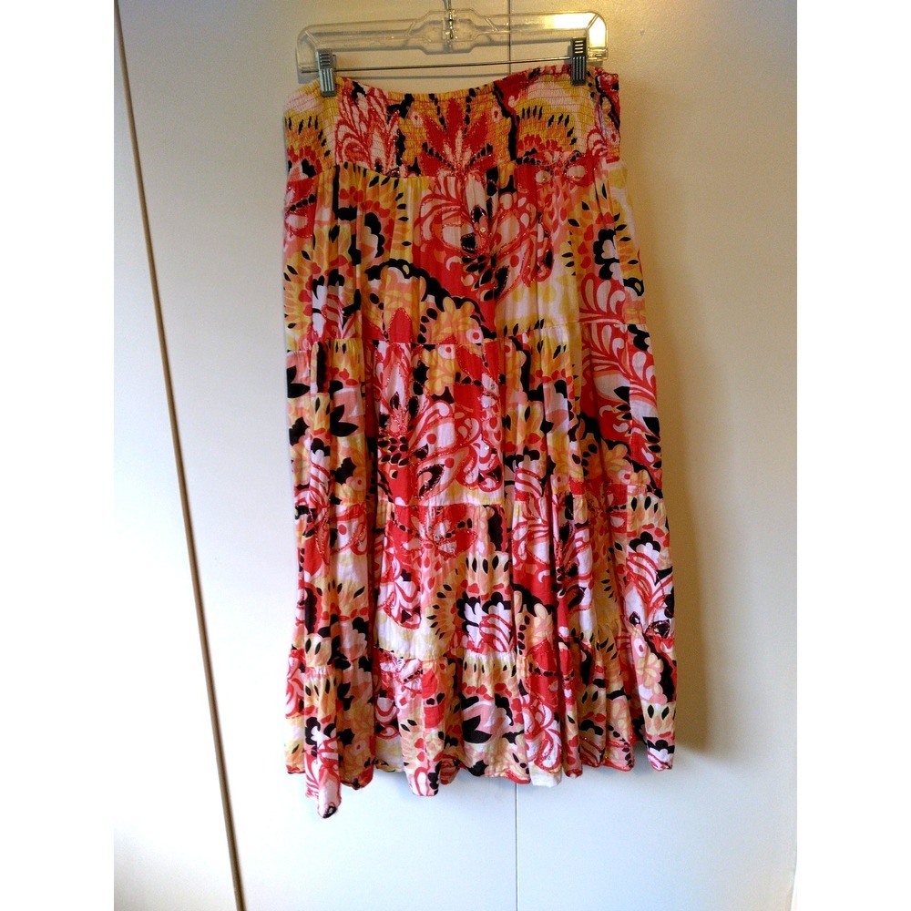 Womens Floral Tiered Midi Skirt Size L Sequin Detail Flowy Colorful Hippie